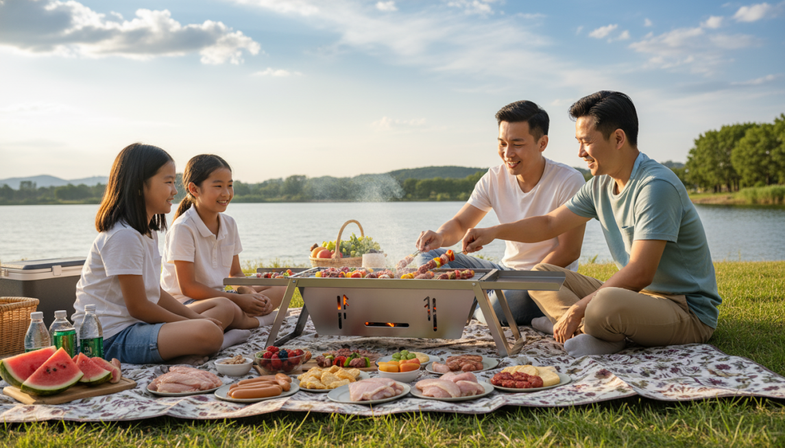 参考图一场景风格特点，为图二产品（烧烤架）添加类似背景，一家四口在湖边盘腿坐在地毯上，烧烤架放置地毯上，地毯上少许等待烧烤的食物，水果、饮料、肉类、鱼肉；并且给产品（烧烤架）上添加一些正在烧烤的食物如预览效果
