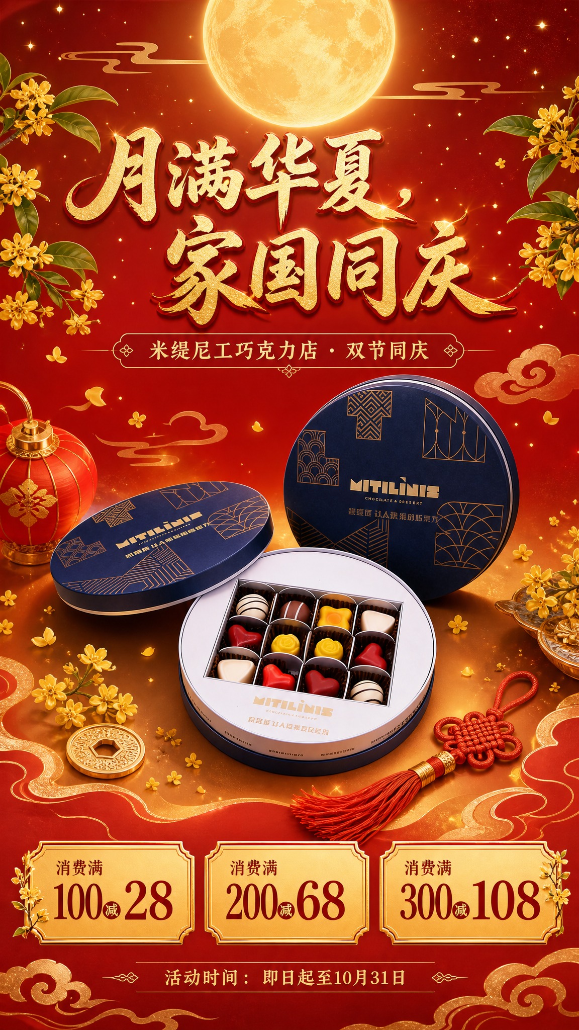 为米缇尼工巧克力店设计一张中秋节国庆节双节同庆活动海报，竖版9… - 图片创意预览