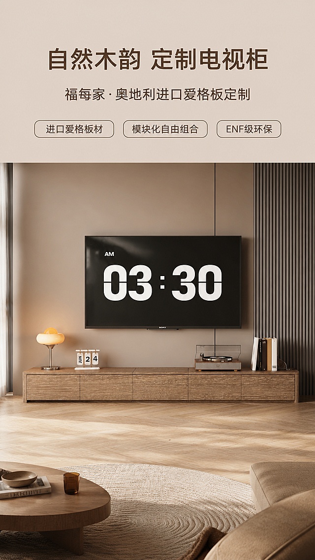 「图片1」「图片1」「图片1」「图片1」「图片1」「图片1」「图片1」，生成详情页，商品名称为福每家爱格定制家具，适配淘宝/天猫平台，单图比例为9:16，需求屏数为6张。图片可以适当缩小和放大，穿插和叠放，穿插半蹲美女模特，衣着黑丝绸吊带。卖点信息顶级材质背书​

采用奥地利进口爱格板H1379，经典木纹纹理自带高级感，质感细腻且耐看，是高端定制家具的常用选材。

2. 自然木纹美学​

H1379的真实木纹肌理（类似浅咖/深棕木纹），还原木材天然质感，为空间注入温暖、质朴的自然气息，适配现代、极简、侘寂等多种风格。

3. 模块化组合设计​

自由拼接的模块结构（图中为多单元组合），可根据空间大小、收纳需求灵活调整长度/形态，适配不同户型（如小户型短款、大客厅长款）。

4. 大容量分层收纳​

多个抽屉+开放格组合，满足影音设备（机顶盒、唱片机）、书籍、摆件的分类收纳，同时开放格方便常用物品随手取放。

5. 极简线条造型​

低矮+悬浮感设计（底部悬空/窄脚），视觉上轻盈不压抑，拉长空间纵深感，适配“去繁从简”的现代审美。

6. 环保健康保障​

爱格板甲醛释放量极低（符合ENF级标准），搭配环保封边工艺，从源头守护家人健康，告别“甲醛焦虑”。

7. 耐用抗造属性​

H1379板材耐磨、耐刮、抗变形，日常使用（如放置重物、频繁抽拉抽屉）不易损坏，长久保持美观。

8. 百搭空间适配​

中性木色+极简造型，可无缝融入米白、浅灰、深棕等色调的客厅，与电视、窗帘、地板（如图中人字拼）形成和谐统一的视觉体系。

9. 细节工艺加分​

瑞好激光封边（推测，爱格板常用配套），边缘平整无毛刺，触感顺滑，既提升颜值，又防止潮气侵入板材。

10. 提升空间格调​

通过材质的自然质感+极简设计的克制感，让客厅从“功能性区域”升级为“美学展示区”，搭配电视、摆件后，整体高级感翻倍。