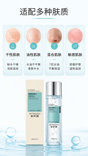[第7屏] 适用肤质分区，明确产品适配人群。本屏使用【图1】产品图。
[氛围/风格] 清晰直观护肤科普风，简约干净，信息清晰。
[元素布局] 画面上半部分分为四个卡片，分别对应干性、油性、混合性、敏感预览效果