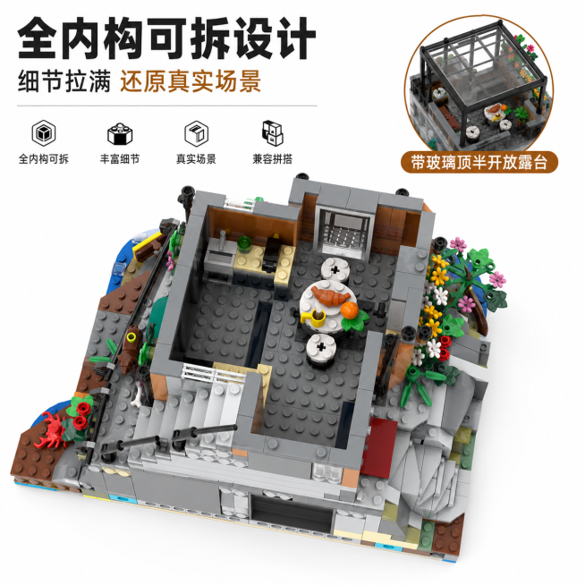 淘宝电商主图，展示特工之家积木一层内构空间，全内构可拆设计，带玻璃顶半开放露台，配有餐桌和迷你厨房，突出细节设计，白底背景，简洁风格，添加卖点文字"全内构可拆设计\n细节拉满 还原真实场景"预览效果