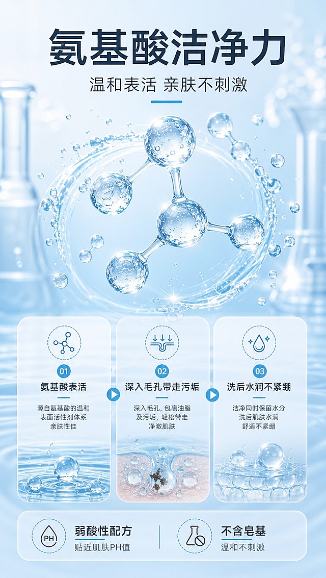 [商品] 本页为成分机理专页，无需产品瓶身主图；重点展示氨基酸成分分子结构与清洁原理。
[画面] 页面目标：成分与功效机理可视化，解释氨基酸温和清洁的科学原理。构图：画面中央偏上放大展示透明3D氨基酸分子结构模型，占画面约40%；分子周围环绕细密气泡与水波纹，象征清洁过程；下方分三段式信息卡展示「成分→作用→感受」链路；背景为深浅渐变的冰蓝色，带实验室玻璃器皿质感的朦胧光晕。
[视觉] 套系策略：风格=清透水润高级商业摄影风；标题字=现代简约无衬线粗体；正文字=纤细无衬线体；主色=浅冰蓝+纯白；背景延展=基于浅冰蓝做深浅渐变、水波纹质感、云雾层次延展；强调色=湖蓝色，仅用于小面积图标下划线、标签、引线和点缀光效；标题色=深炭灰蓝；正文色=中灰蓝；组件=圆形虚线边框icon、细横线分隔、圆角半透明白底信息卡；光影=柔和科技光，分子结构有通透折射感，整体干净专业。
[文字] 顶部主标题「氨基酸洁净力」，副标题「温和表活 亲肤不刺激」；中部三段式：「氨基酸表活」→「深入毛孔带走污垢」→「洗后水润不紧绷」；底部补充2个安心卖点：「弱酸性配方 贴近肌肤PH值」「不含皂基 温和不刺激」；所有文字横排，层级清晰。
[规格] 图片比例9:16竖版，4K分辨率，淘宝/天猫详情页适配；负向提示：避免变形、错字、文字过小、竖排文字、医疗功效宣称、绝对化用语、虚假承诺。