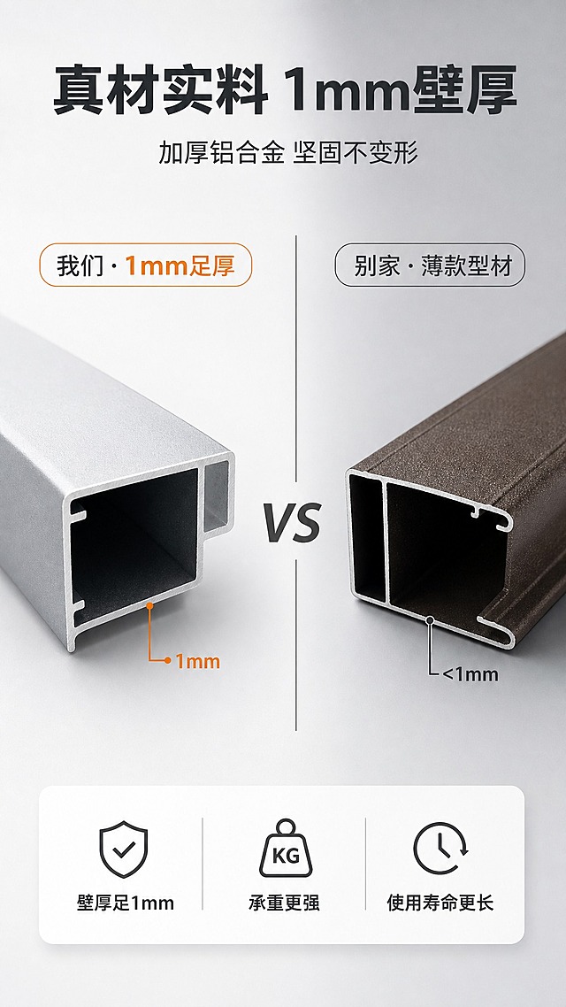 [商品] 左侧使用【图4】1mm壁厚铝合金型材截面（银灰色），右侧使用【图5】别家薄款金属框截面（咖啡色）；保留两款型材的截面结构、壁厚、材质质感、颜色；不改变各自形状和比例。
[画面] 目标：1mm型材厚度对比，突出自家用料扎实。构图：竖版9:16，左右对比布局，左侧为自家1mm厚型材（标注"我们 1mm壁厚"），右侧为别家薄款型材（标注"别家 薄款型材"）。两款型材均为截面特写，并排展示，中间用VS分隔或对比线。背景：纯净浅灰色渐变。阅读动线：顶部标题→中部左右对比→底部结论。
[视觉] 套系策略：风格=现代极简高级商业摄影；标题字=思源黑体Bold粗体；正文字=思源黑体Regular常规体；主色=金属氟碳灰；背景延展=浅灰到中灰渐变，左侧区域偏亮（突出自家产品），右侧略暗；强调色=暖橙色，仅用于左侧"1mm"标注和厚度引线；标题色=深炭灰；正文色=中暖灰；组件=厚度标注引线、对比分隔线、圆角结论卡；光影=左侧柔光更亮突出自家产品，右侧稍暗，金属截面内壁清晰可见。
[文字] 顶部主标题"真材实料 1mm壁厚"，副标题"加厚铝合金 坚固不变形"。左侧标注"我们·1mm足厚"，右侧标注"别家·薄款型材"。底部结论卡："壁厚足1mm 承重更强 使用寿命更长"。全部横排文字。
[规格] 图片比例9:16竖版，4K，负向提示：避免型材变形、比例失调、颜色偏差、文字模糊、水印、极限词、贬低性用语。