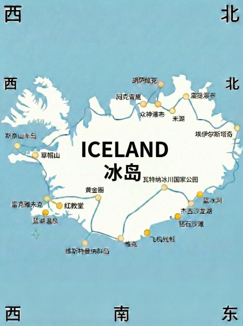 将地图中间的文字改为黑色，上方为大写英文“ICELAND”，下方为中文“冰岛”，英文字号大于中文预览效果