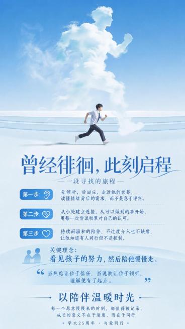 【主标题】曾经徘徊，此刻启程
【副标题】一段寻找的旅程
【内容】第一步：先倾听，后回应
走近他的世界，读懂情绪背后的需求，而不是急于评判
第二步：从小处建立连接
从可以做到的事开始，用每一次尝试积累对预览效果