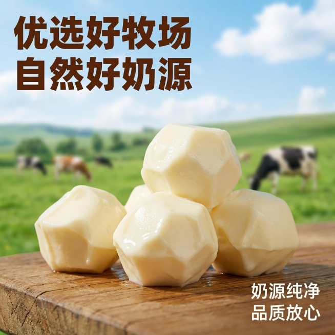 [主图 2] 鲜酸奶疙瘩产地溯源，展示好奶源优势
[氛围/风格] 自然原生风格，清新自然，真实品质感
[画面元素] 保持产品外形与原图一致，鲜酸奶疙瘩放置在前景，背景虚化融入绿色天然牧场风光，蓝天白云预览效果