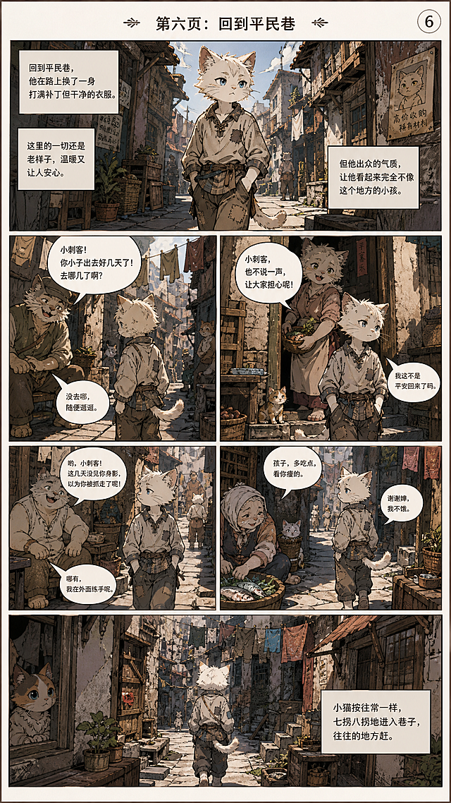 漫画分镜PPT第六页，主角小猫刺客回到平民巷，在路上换了一身打满补丁但干净的衣服，因为他出众的气质，看起来完全不像这个地方的小孩，小猫按往常一样七拐八拐进入巷子，路上的大叔大婶都关切询问他出去好几天了，小猫随意应付后往住的地方赶，漫画风格，PPT单页，平民巷生活化场景，细节刻画