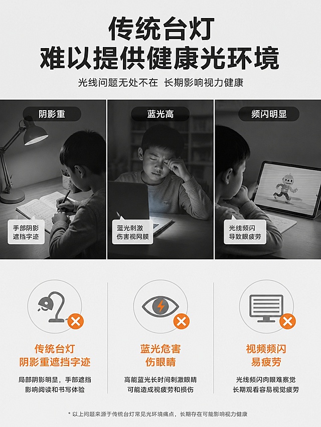 [第2屏] 痛点直击-传统台灯健康光环境问题对比宣传图。无需产品图，痛点场景展示。
[氛围/风格] 对比清晰，专业痛点共鸣，简约浅灰调性。
[元素布局] 页面上半部分场景展示传统台灯造成的阴影重、蓝光高、频闪问题，下半部分分三栏列出核心痛点：传统台灯阴影重遮挡字迹 蓝光危害伤眼睛 视频频闪易疲劳，每个痛点配简约负面图标，整体排版清晰，让用户产生共鸣。
[光影质感] 整体光线均匀柔和，对比色块清晰，文字可读性强。
[配色色系] 全局底色 #F5F5F5；主色浅灰；强调色浅橙标注痛点。
[视角构图] 满版排版，从上到下阅读动线清晰。
[文字版式] 顶部主标题「传统台灯 难以提供健康光环境」，粗体大字，下方三栏等分，每栏一个痛点图标+标题+短句说明，文字清晰不拥挤，移动端可读。
[比例分辨率] 3:4 竖版比例，4K 分辨率，文字清晰可辨，高清画质。
[负向提示词] 水印，文字错乱，背景杂乱，夸张失真