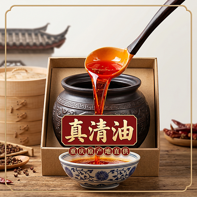 清油火锅红油电商主图，整体包装展示，突出重庆原产地，新中式国风风格，卖点"真清油"，简洁大气，适合天猫主图展示