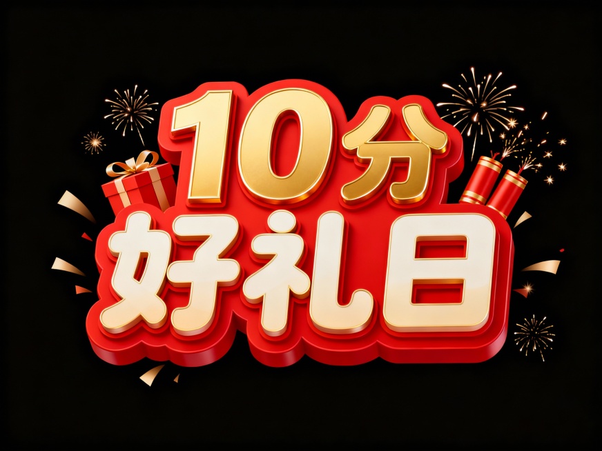 字体设计“10分好礼日”背景纯黑，10和好礼日字体一样大，分字体小一点，笔画圆润，笔画流畅。以红色为主色调，搭配金色和米白色，，红色热烈喜庆，金色凸显华贵，米白色柔和过渡，层次丰富。字体边缘有立体效果预览效果