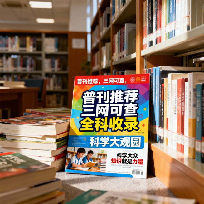 结合图书馆室内图，生成一份中文版普刊推荐，标题“普刊推荐，三网可查，全科收录”，色彩鲜艳，图片写实。预览效果