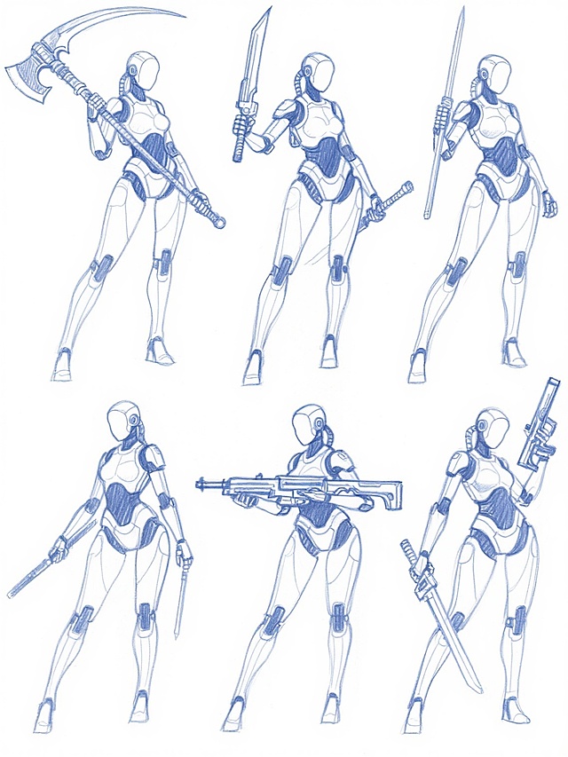 一系列九个不同造型的未来科技感女性机器人战士动态姿势设计草图，每个机器人都持有不同的武器（包括镰刀、战斧、长剑、长枪等），展现出战斗、防御、准备出击等多样化的动态姿态，采用蓝色铅笔线条绘制，线条流畅且富有力量感，带有轻微的笔触纹理和阴影线条以增强立体感，所有角色均为无面部细节的头部设计，身体结构呈现出女性的优美曲线与机械装甲的硬朗结合，整体以规整的三行三列网格形式排布在纯白色纯色背景上，保持统一的手绘草图风格和科幻机械美学。