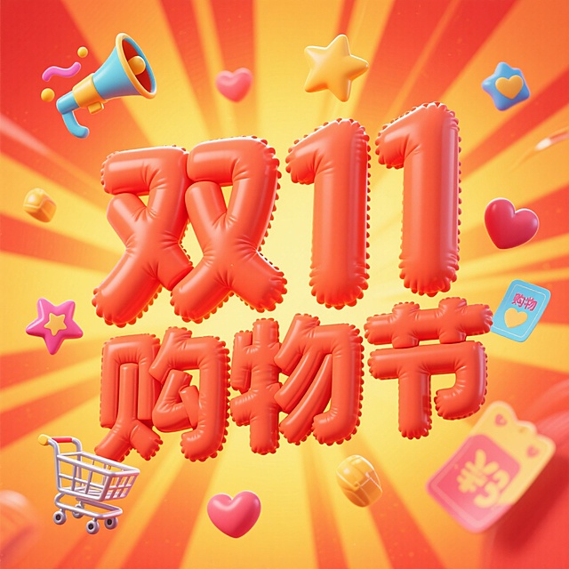 画面视觉中心为大号橙红色立体数字 “双11购物节”，周围环绕漂浮着彩色促销元素装饰（购物车、星星、喇叭、爱心、优惠券等），背景为渐变黄色并带有放射状光效。