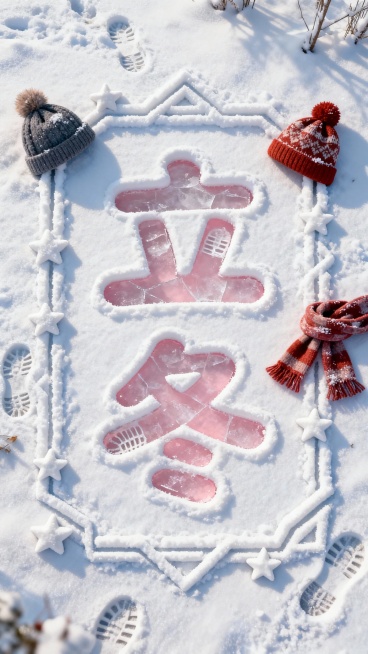 俯视视角，画面主视觉是雪地中的 “立冬”文字（字体圆润可爱），文字部分像被踩踏，露出淡粉色冰面。雪质细腻带自然纹理，装饰帽子、围巾、足迹，搭配雪堆成的几何线条、星星元素作为边框。预览效果