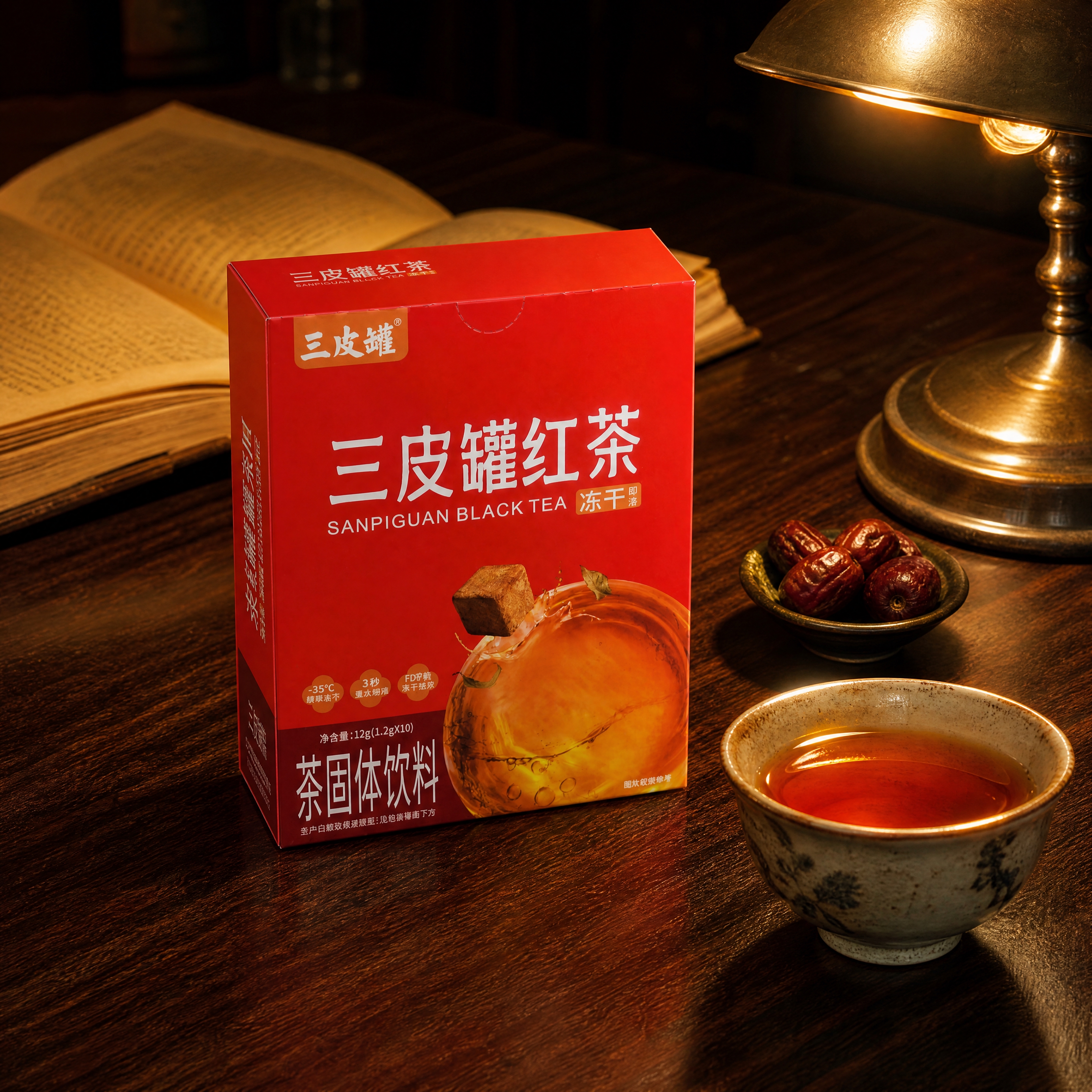 超写实食品摄影。 主体：三皮罐红茶红色包装盒严格参照上传产品图… - 图片创意预览