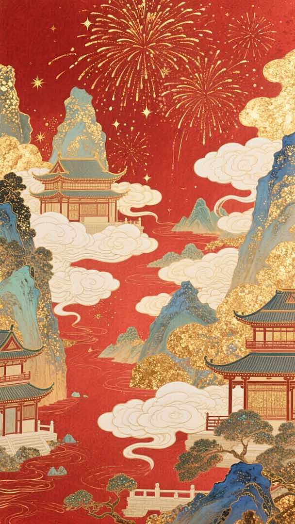 朱红底色铺鎏金烟花，层叠祥云缠山水间的中式楼阁，国风大场景,暖金朱红交织，星光点缀