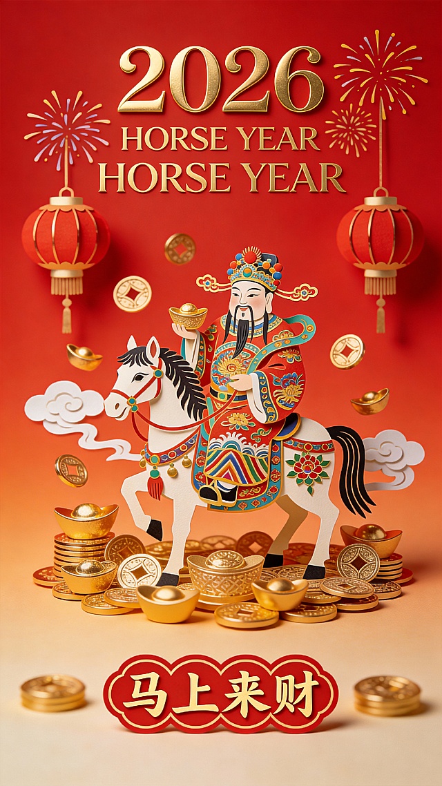 国潮风撕纸剪纸融合重拟物设计，鎏金财神骑马踏金，红底喜庆，中式民族元素跃然纸上，寓意2026马年“马上来财”。