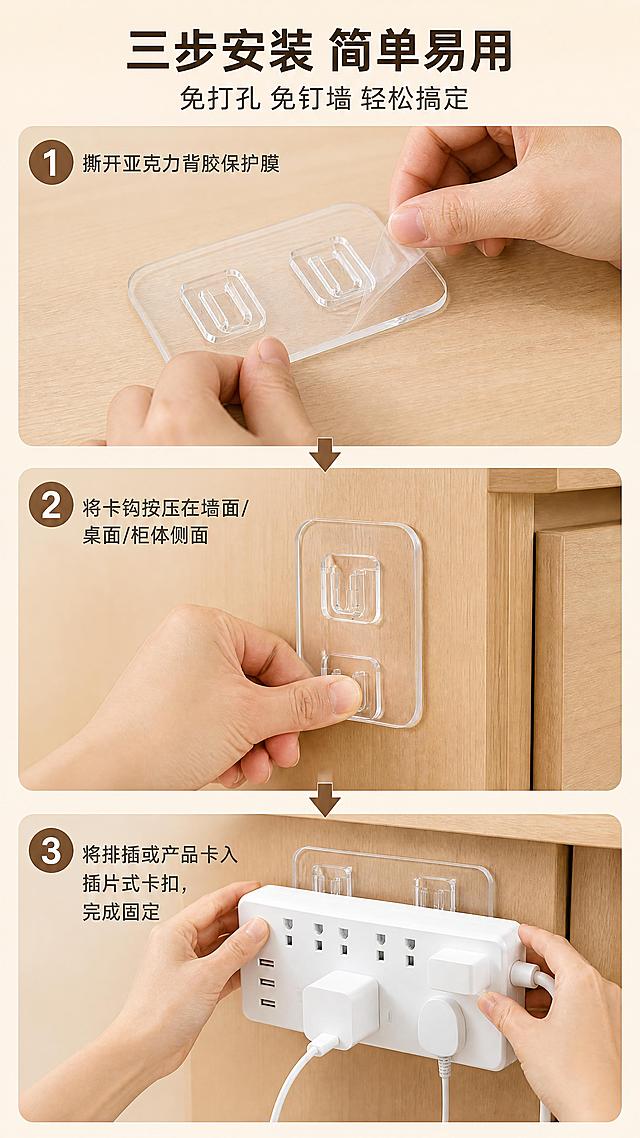[商品] 使用【图3】桌侧固定排插参考图及【图1】子母扣产品；保留透明亚克力底座、U型卡扣、插片式结构、白色排插外观；商品处理：保留产品结构、颜色、材质，增强操作动作真实感，不改变产品外形。
[画面] 目标为3步安装使用图解，上中下三步纵向排列，每步含手部动作特写+产品状态+步骤编号；第一步：手指撕开亚克力背胶表面的透明保护膜（产品平放视角）；第二步：拇指将卡钩按压在浅木色墙面/柜体侧面，展示按压动作（侧视角度）；第三步：双手将白色排插卡入插片式卡扣中，完成固定（正面使用视角）；三步间用向下箭头连接，每步产品占该区域约50%。
[视觉] 套系策略：风格=简约家居风商业摄影；标题字=粗黑体无衬线；正文字=简洁无衬线黑体；主色=暖米白+浅木色；背景延展=每步为浅木色+暖米白渐变场景背景，步骤区为圆角卡片式布局；强调色=暖棕咖色用于步骤编号与箭头；标题色=深棕咖；正文色=中暖灰；组件=圆形步骤编号、向下箭头、圆角操作区卡片；光影=左前侧暖柔光，手部动作自然真实。
[文字] 顶部居中大标题"三步安装 简单易用"，下方副标题"免打孔 免钉墙 轻松搞定"；每步左侧/上方大号圆形编号"1""2""3"，右侧/下方步骤说明文字：第一步"撕开亚克力背胶保护膜"，第二步"将卡钩按压在墙面/桌面/柜体侧面"，第三步"将排插或产品卡入插片式卡扣，完成固定"；所有文字横排，步骤文字字号保证手机端清晰可读。
[规格] 图片比例9:16竖版，4K分辨率，负向提示：避免变形、错字、文字过小、手部动作不自然、产品结构失真、平台Logo、水印。