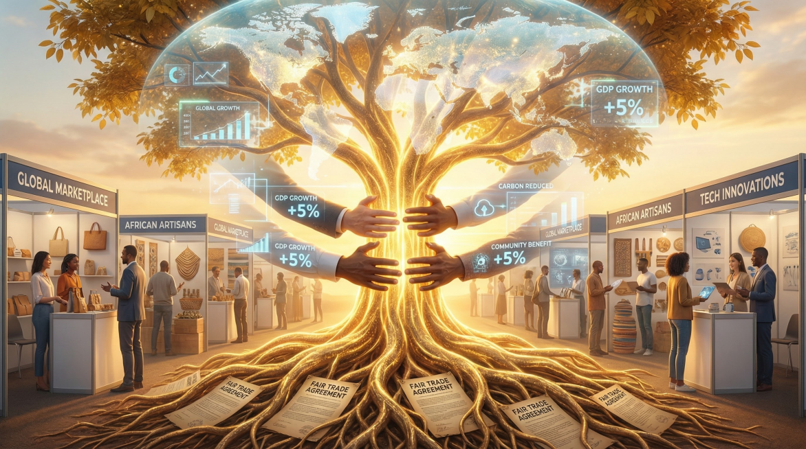 Glowing golden symbiotic tree with roots forming fair trade contracts and branches blossoming into g预览效果