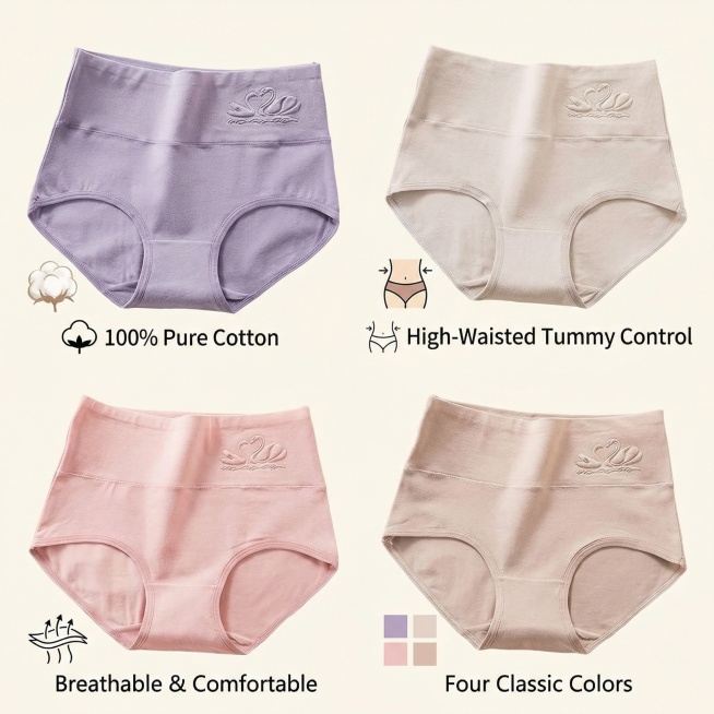 以图中四款高腰纯棉三角内裤为主体，分点展示核心卖点：文字“100% Pure Cotton”“High-Waisted Tummy Control”“Breathable & Comfortable”预览效果