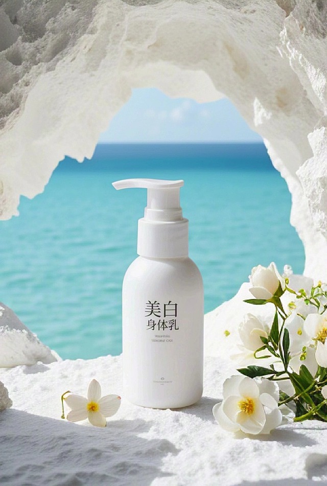 产品放在白色海盐石洞内，石洞外是海洋，白色花朵点缀