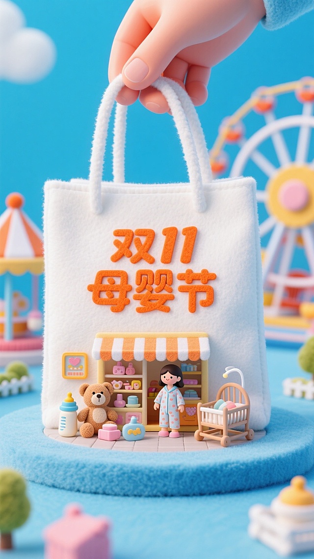 这幅画面以蓝白色调为主，画面中央是一个巨大的白色购物袋，上面用橘色字写着“双11母婴节”。袋子中间有一个售卖母婴用品的商店：一个身穿家居服的女孩、毛绒玩具、奶瓶、摇篮等。上方有一只大手正打开袋子。背景是游乐园。毛毡风格。高饱和色彩。