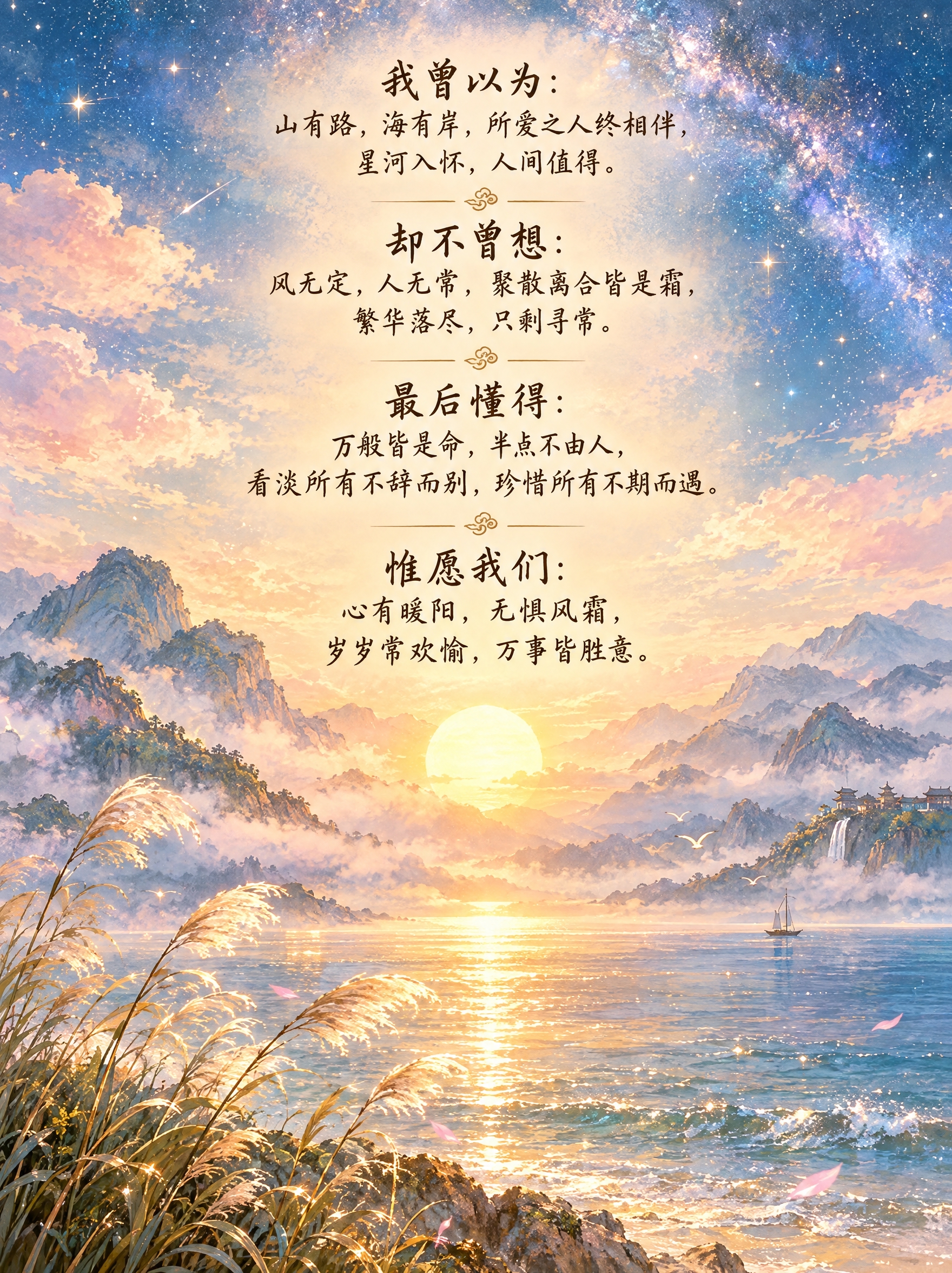 唯美治愈的国风意境插画，画面中央是温暖的金色暖阳，周围环绕着璀… - 图片创意预览