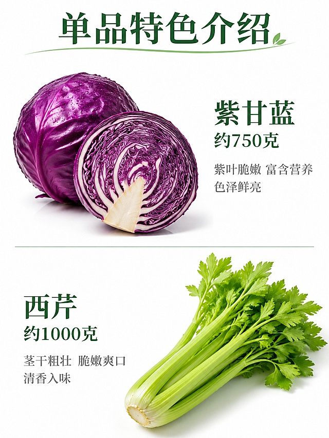「图片1」
紫甘蓝     约重750克
西芹        约重1000克
香菇        约重250克
杏鲍菇     约重500克
西葫芦     约重750g  
蒜苔        约重350g 
红彩椒     约重400g
西红柿     约重500克
制作一个蔬菜礼盒的详情页，礼盒名称：田园时蔬，礼盒净重：4600克，详情页要全年通用，
并介绍每种蔬菜的特色，要有高级感，图片宽度为750px