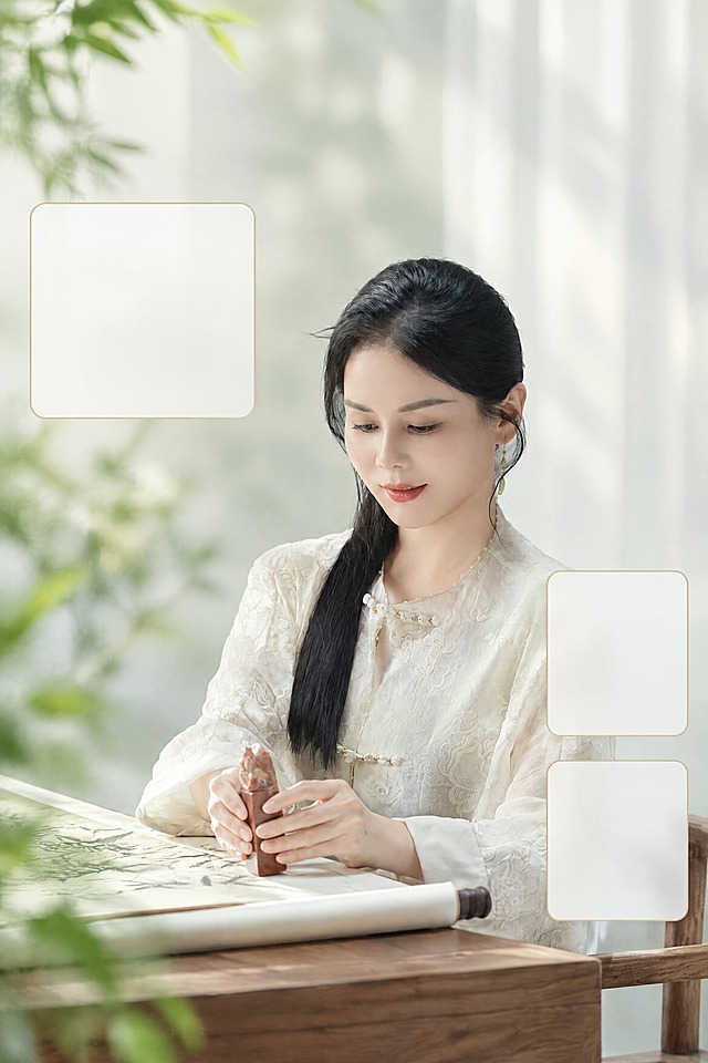 保留原图中女子的人物形象、服饰、发型、姿态和整体新中式禅意风格，将画面调整为电商主图版式，主图清晰像素高，在画面中预留出三个产品图的放置位置，背景保持淡雅朦胧的绿植与窗纱氛围，画质高清细腻，光影柔和自然