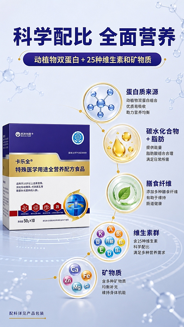 [商品] 使用【图1】卡乐全特殊医学用途全营养配方食品包装盒；保留所有包装原貌；产品位于画面左侧中部，占画面约30%，正面角度清晰。
[画面] 页面目标：展示核心营养成分与配料，成分元素大尺度呈现。左产品右成分信息构图，右侧大面积展示营养元素可视化。画面右侧用大尺寸圆形/六边形营养元素图标阵列，核心元素如蛋白质、膳食纤维、维生素、矿物质放大展示，单元素占画面≥15%，主视觉营养元素合计≥50%画面。背景为浅灰蓝，点缀抽象营养分子结构图形，营造科学专业感。
[视觉] 套系策略：风格=专业医疗营养风商业摄影；标题字=现代无衬线粗体（思源黑体Heavy）；正文字=简洁无衬线体（思源黑体Regular）；主色=深紫蓝（#2A2A72）；背景延展=基于深紫蓝做浅灰蓝渐变、同色系深浅层级和细腻磨砂质感；强调色=金色（#C9A961），仅用于小面积图标、引线、标签和重点数字高亮；标题色=深紫蓝；正文色=深灰（#333333）；组件=圆角白底信息卡、细金色引线、六边形图标；光影=左前上方柔和冷白光，均匀明亮。
[文字] 顶部主标题：科学配比 全面营养；副标题：动植物双蛋白 + 25种维生素和矿物质；营养成分分区标题：蛋白质来源、碳水化合物+脂肪、膳食纤维、维生素群、矿物质；每个配简短说明；底部小字：配料详见产品包装；文字全部横向排版，大标题醒目，营养分类清晰，手机端可读。
[规格] 图片比例9:16竖版，4K分辨率，负向提示：避免变形、错字、文字过小、模糊、虚假功效宣传、绝对化用语、治疗承诺、营养数值虚构、产品包装文字错乱。