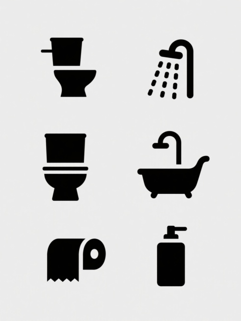 极简主义风格卫生间标识系列，纯白纯色背景，六个完全不同造型的卫生间元素图标规整排布。每个图标均采用黑色剪影式设计，保持简洁的线条感和符号化特征，包含马桶、洗手池、淋浴喷头、浴缸、卫生纸、洗手液等核心卫生间元素，每个图标造型独特且识别性强，整体布局采用2x3或3x2的网格状规整排列，视觉上保持高度统一的极简美学风格。预览效果