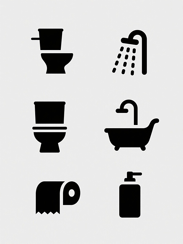 极简主义风格卫生间标识系列，纯白纯色背景，六个完全不同造型的卫生间元素图标规整排布。每个图标均采用黑色剪影式设计，保持简洁的线条感和符号化特征，包含马桶、洗手池、淋浴喷头、浴缸、卫生纸、洗手液等核心卫生间元素，每个图标造型独特且识别性强，整体布局采用2x3或3x2的网格状规整排列，视觉上保持高度统一的极简美学风格。