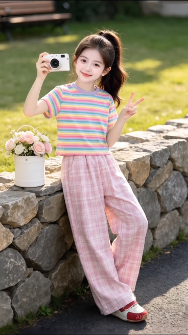 用图1的短袖和裤子替换图的2的人物穿搭衣服裤子，保留原场景光影，保持图2的人物的五官和发型不变，图片宽高尺寸不变，背景不变，鞋子不变，人物姿势不变，保持图1的短袖和裤子的款式材质不变和颜色不变预览效果