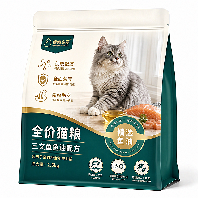 以参考猫粮包装图为基础，改版设计全新款式包装袋。保留原有袋体造型、封口形态，整体重新搭配配色，替换图案插画，调整文字排版布局，画面写实高清，做出立体包装渲染效果，符合宠物食品商用包装标准