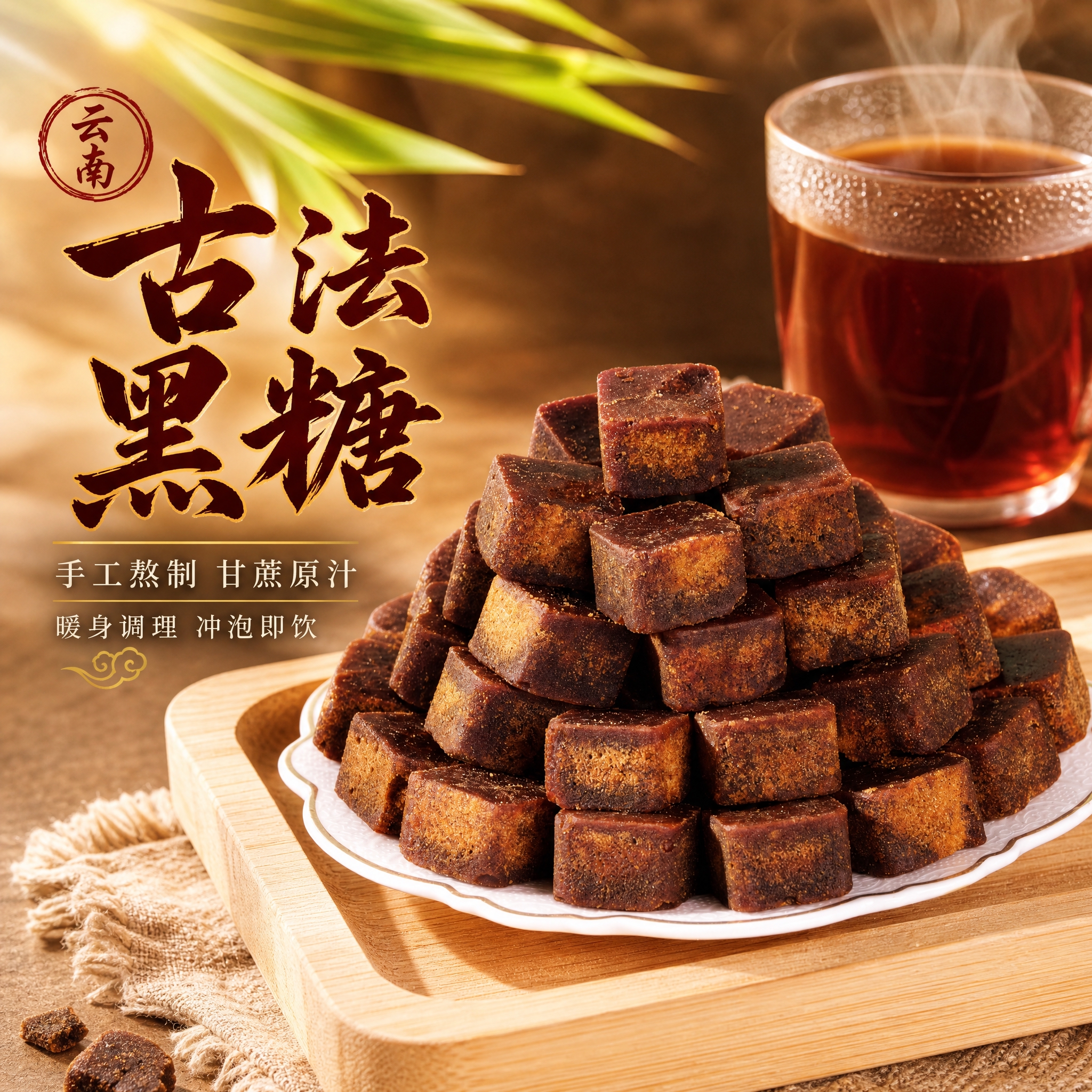 [主图-1] 云南古法黑糖块首图，核心任务是展示食欲感与手工品… - 图片创意预览