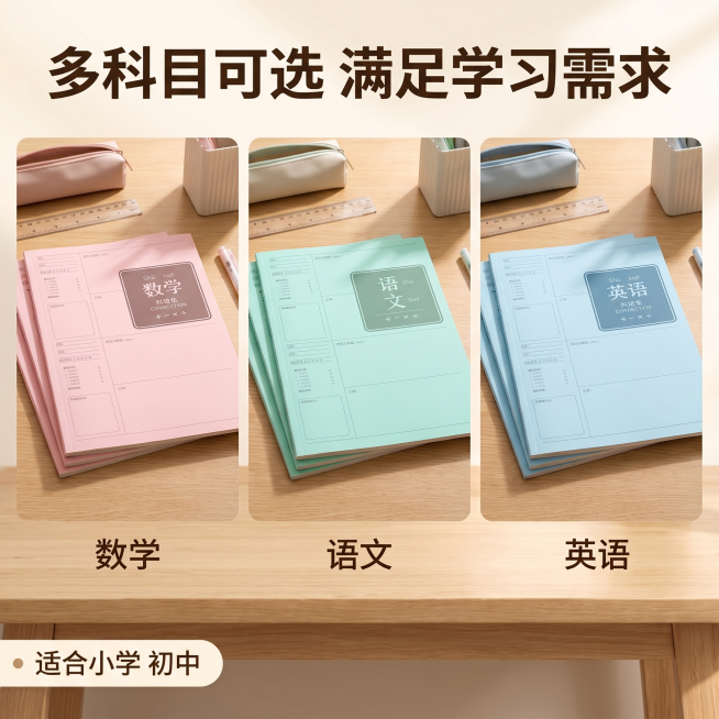 [主图-4] 多科目选择场景展示图，采用上标题下方宫格版式展示多科目可选。[氛围风格] 真实学生学习场景风，干净清新。[画质] 商业摄影质感，场景自然，产品清晰。[元素] 下方宫格排列三本课错题本，分预览效果