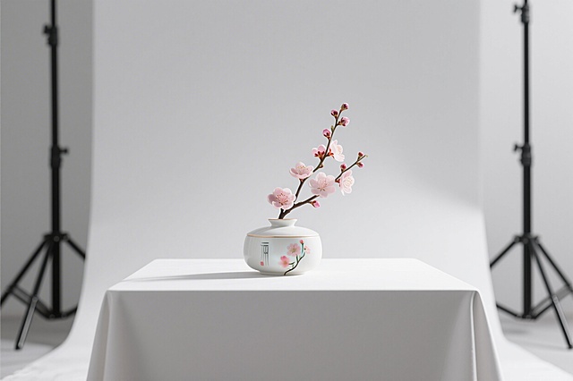 极简风格桃花文创产品展示，构图简洁干净，突出文创产品的设计质感