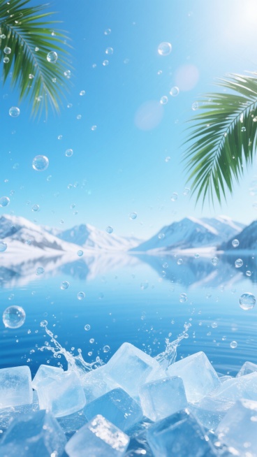夏日主题背景，以清澈透亮的渐变蓝色为主色调，画面中充满大量晶莹剔透的水珠和气泡，悬浮在蓝色背景中；底部是堆积的、棱角分明的冰块，部分冰块正在融化，溅起水花；左侧和右侧顶部各有一片翠绿的棕榈叶，边缘清晰；远处背景是被冰雪覆盖的山脉和宁静的湖面倒影，整体光影明亮，光线从上方照射下来，形成柔和的高光和轻微的阴影，营造出清凉、通透、充满夏日冰爽感的氛围。预览效果