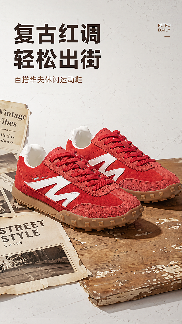 [第1屏] 详情页头图-正红色复古休闲阿甘鞋新品宣传海报，商品为女款正红拼象牙白反绒面运动鞋。
[标题版式] 无衬线粗体主标题放在左上区域，细体副标题置于主标题下方，右侧英文小角标装饰，整体左对齐留白，字色使用深棕和米白双色对比，不遮挡右侧主体商品。
[氛围/风格] 街头复古休闲风，浅灰白色渐变背景，融入少量做旧木纹底纹衬托，商业户外街拍质感，整体画面潮流干净有质感。
[元素布局] 本屏使用输入图片作为商品主体，将正红色阿甘鞋放在画面右侧中区域，占据画面65%-70%主体区域。保持商品原有物理结构：正红色反绒鞋面、象牙白N字装饰、生胶色华夫格鞋底、象牙白鞋口包边，材质质感和颜色色号与输入产品图完全一致，鞋型轮廓保持不变。背景左上预留标题区域，右下用浅棕色做旧木纹块做投影承托，左侧增加少量做旧杂志切片装饰，整体丰富不杂乱。
[光影质感] 左前方主光柔和打亮鞋身反绒纹理，右后方弱辅光增加轮廓立体感，鞋底下方形成自然柔和投影，整体明暗清晰，鞋身纹理真实可见。
[配色色系] 全局底色：#F5F5F5（浅灰白）；主体配色：#D92121（鞋面正红）+ #F8F8F8（象牙白装饰）+ #C48B54（生胶鞋底）；辅助色：#2D2D2D（深棕文字）+ #8B5A2B（木纹棕）。
[视角构图] 45度斜侧视角，主体商品位于画面右半侧视觉黄金分割点，左上完整留给标题文案，阅读动线从上到下自然流畅。
[文字版式] 左上版式为主标题+副标题+右英文角标。主标题为"复古红调 轻松出街"，深棕色粗体，左对齐，字号占画面宽度8%，不超过顶部区域高度20%。副标题为"百搭华夫休闲运动鞋"，浅棕色细体，左对齐，字号为主标题40%。右侧商品上方加英文角标"RETRO DAILY"，小号浅棕色字，不抢主体。所有文字不遮挡商品主体。
[比例分辨率] 9:16 竖版比例，4K分辨率，文字清晰可辨，超高清。
[负向提示词] 鞋身变形，鞋底结构错误，颜色偏差，N字装饰缺失，文字错乱，水印，产品图模糊，背景杂乱，诱导按钮