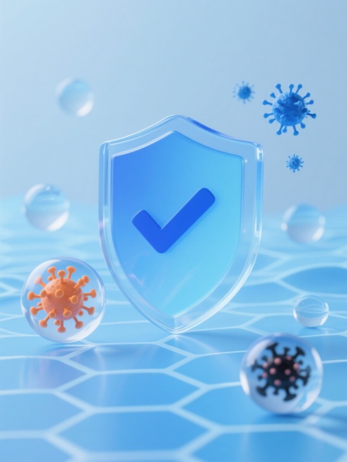 透明蓝色渐变玻璃质感的盾牌图标，中央有一个蓝色对勾符号，悬浮在由六边形网格构成的半透明蓝色波浪状背景上，盾牌周围分布着几个透明球体，其中一个球体内部有橙色病毒结构，另一个球体内部有黑色病原体，右上角有几个蓝色病毒粒子正在消散，整体画面呈现出科技感、保护感和纯净感，光线柔和，阴影细腻，具有3D渲染的立体感和光滑的材质表现，色调以浅蓝色为主，营造出安全、防护的氛围。预览效果