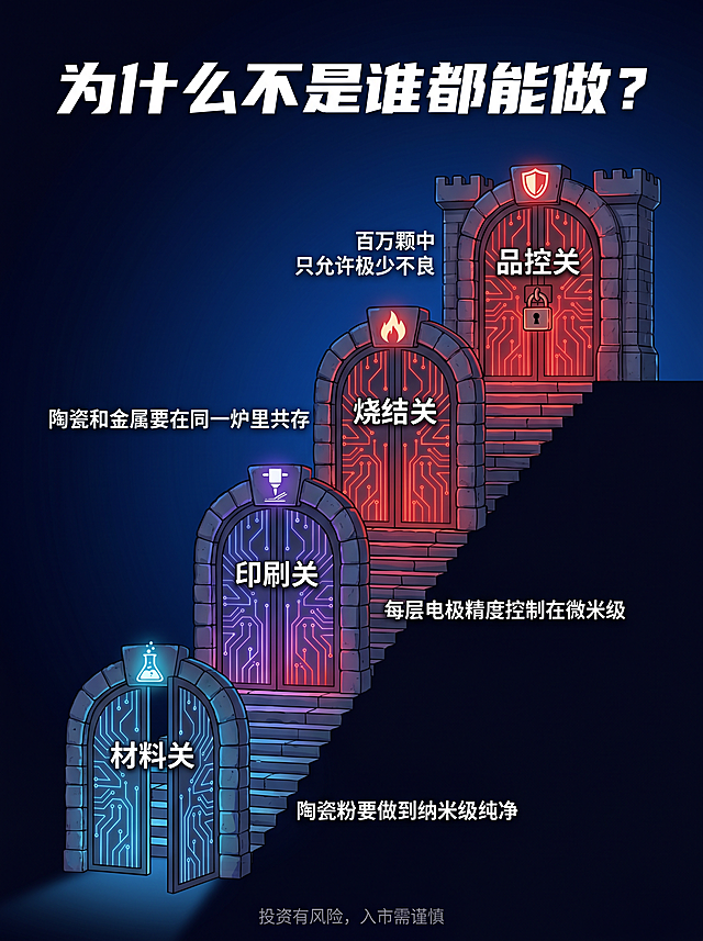 竖版科技漫画风格闯关图，比例3:4，深蓝黑色背景。画面上方居中写白色粗体标题"为什么不是谁都能做？"。画面主体是四道城门从底部到顶部排列，越往上城门越大越厚重，城门之间用石阶连接：第1道城门（在最下方，较小，半开状态）：城门上方有烧瓶图标，城门上写"材料关"，旁边写"陶瓷粉要做到纳米级纯净"。第2道城门（比第一道更大）：城门上方有精密喷头图标，城门上写"印刷关"，旁边写"每层电极精度控制在微米级"。第3道城门（更加厚实）：城门上方有火焰图标，城门上写"烧结关"，旁边写"陶瓷和金属要在同一炉里共存"。第4道城门（最大最厚，紧闭状态并挂着锁）：城门上方有盾牌图标，城门上写"品控关"，旁边写"百万颗中只允许极少不良"。城门表面带有发光电路纹路，越往上红色光芒越强。画面最底部一行居中的小号白色文字："投资有风险，入市需谨慎"，所有文字使用中文，面向中文用户科普。