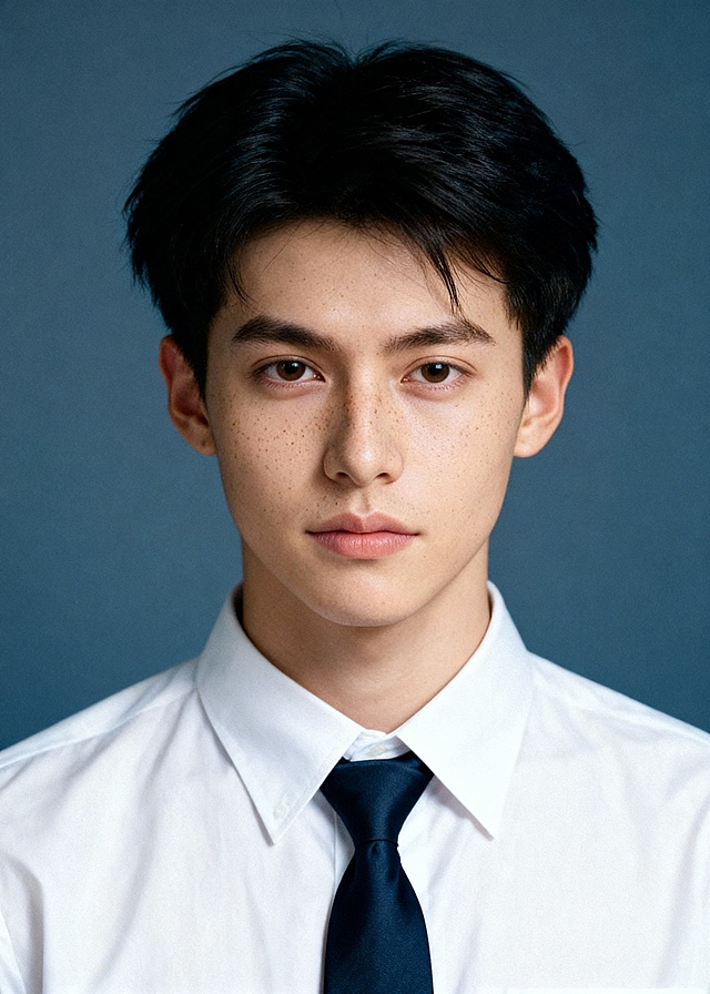 一个男生，美式复古证件照，轻微的雀斑妆，干净的纯蓝色背景，衬衫，领带