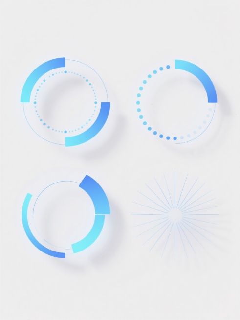 简约现代风格的科技感设计，白色纯色背景，四个规整排布的科技感素材，每个素材均采用蓝色系渐变线条与几何图形构成，包含圆形轮廓、环形轨道、点状阵列和放射状线条元素，整体保持简洁的数字科技美学，无文字、无logo、无水印，光影效果柔和，线条边缘平滑，呈现出未来感与科技氛围。预览效果