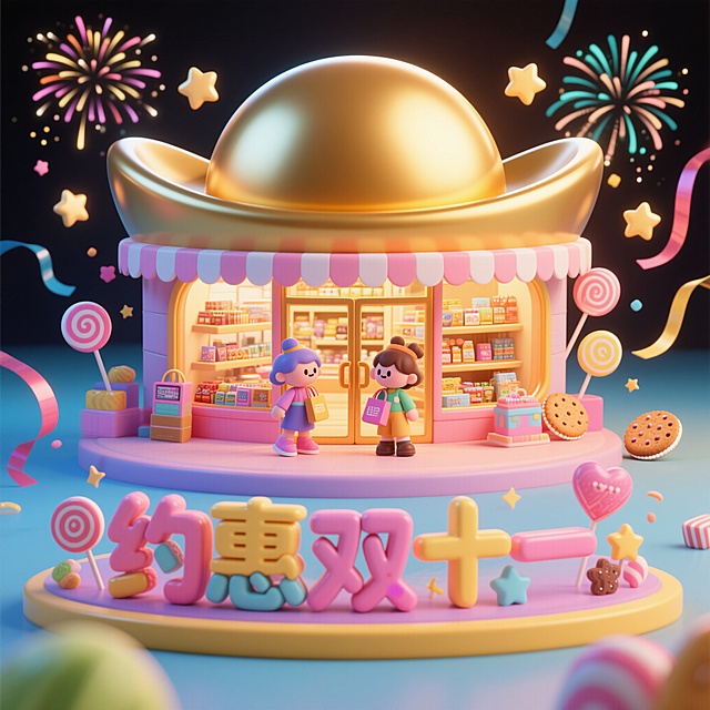 梦幻软3D风，卡通粘土质感店铺，鎏金元宝屋顶，糖果环绕，烟花绽放，喜庆促销氛围，双11主题微缩艺术场景。
