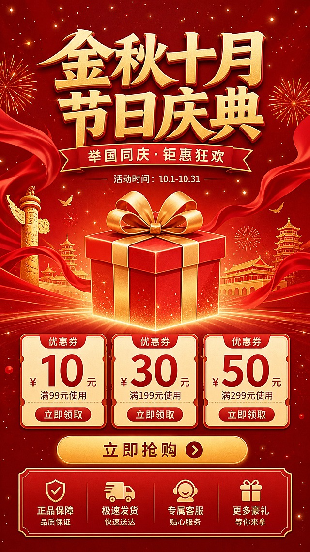 金秋十月节日庆典促销海报，竖版手机尺寸。红色金色为主色调，喜庆热烈。画面顶部有醒目的大标题文字，中间是一个精美的礼品盒，周围有金色烟花绽放、红色丝带飘扬、红色旗帜和古典建筑剪影元素。下方排列着三张优惠券样式的卡片，底部有一个金色渐变按钮和方形区域。背景是深红色渐变，点缀金色星光粒子。整体风格隆重喜庆，充满节日庆典氛围，扁平插画风格，版式精美层次分明。
