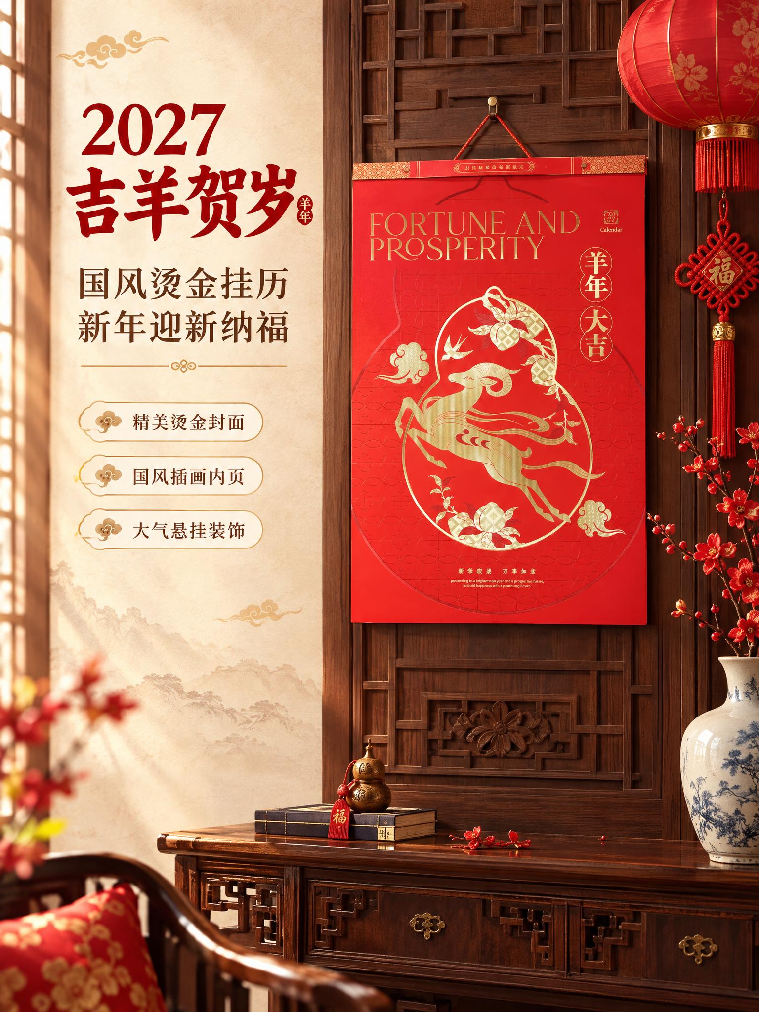 [商品] 使用【图1】福来运转款挂历封面；保留红色封面、烫金葫… - 图片创意预览