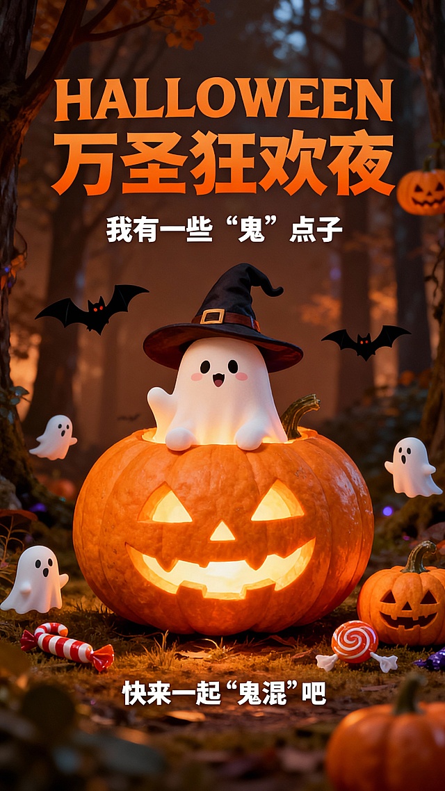 暖橙棕为基调的万圣节狂欢夜海报，顶部有“HALLOWEEN 万圣狂欢夜”字样，搭配“我有一些“鬼”点子”的趣味文案，画面核心是发光南瓜灯里坐着戴巫师帽的可爱幽灵，周围环绕小幽灵、蝙蝠、南瓜灯、糖果等万圣节元素，背景是氛围感十足的林间场景，下方标注“快来一起“鬼混”吧”的邀请语，整体风格温馨又充满节日趣味，突出万圣节的狂欢与奇幻氛围，传递出一场欢乐、创意的万圣夜派对邀约，高清画质，细节丰富，色彩鲜明