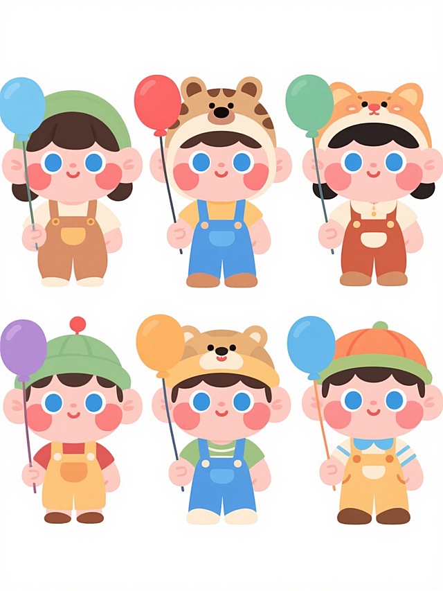 六个不同配色、不同样式的卡通素材，均为可爱Q版风格，角色有着大大的蓝色眼睛、圆润脸型和红扑扑的脸颊，穿着不同颜色和款式的背带裤或服饰，戴着各式动物造型帽子，手持彩色气球，整体线条圆润流畅，色彩明亮柔和，采用白色背景，素材排列整齐有序，保持一致的卡通插画风格和童趣氛围。