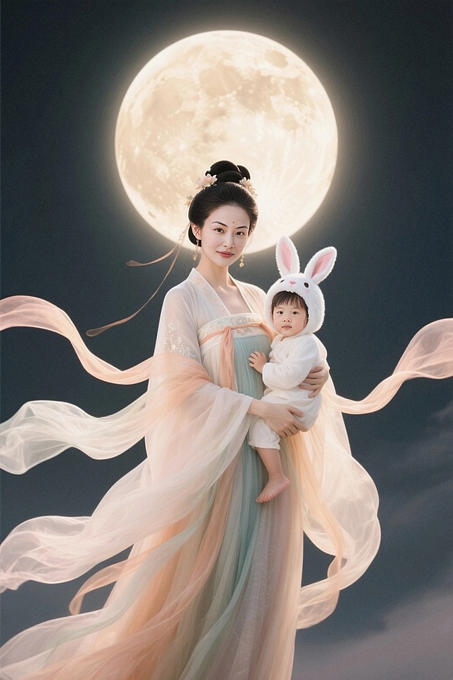妈妈（左边，嫦娥装扮）抱着小孩（右边，小兔子装扮）。看着镜头，身上飘带飞舞环绕，衣服仙气飘飘。背后一轮巨大的月亮散发柔和的光芒，温暖的光晕