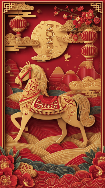 中国风2026马年新年主题海报，采用传统剪纸与浮雕工艺结合的风格，以喜庆的大红色和奢华的金色为主色调。画面主体是一匹装饰着红金花纹马鞍的金色骏马，姿态昂扬有力。背景是层叠的红色山峦、蜿蜒的河流、一轮满预览效果